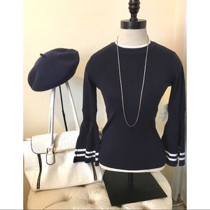 NWT! Navy Bell-Sleeve Sweater with White Stripes
